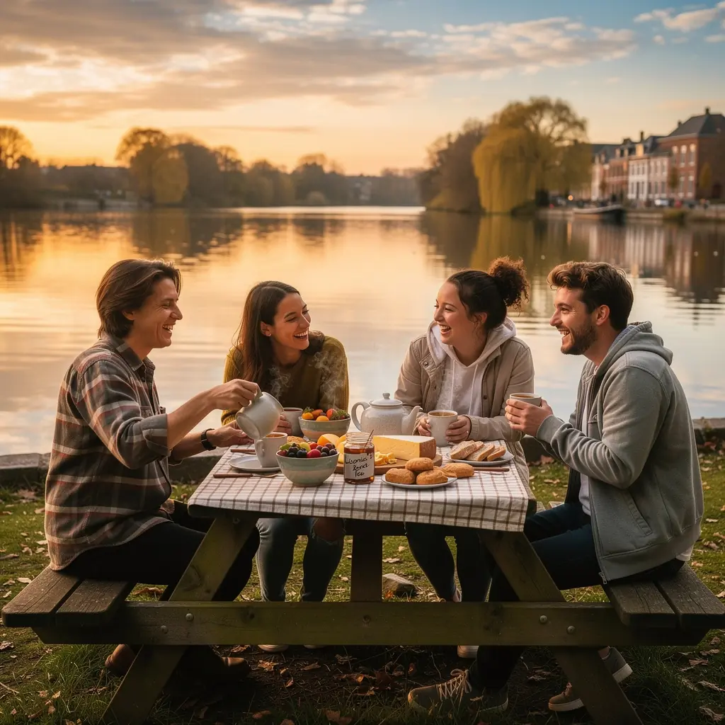 Tisane de racine de réglisse dans une tasse en céramique, entourée de feuilles fraîches.