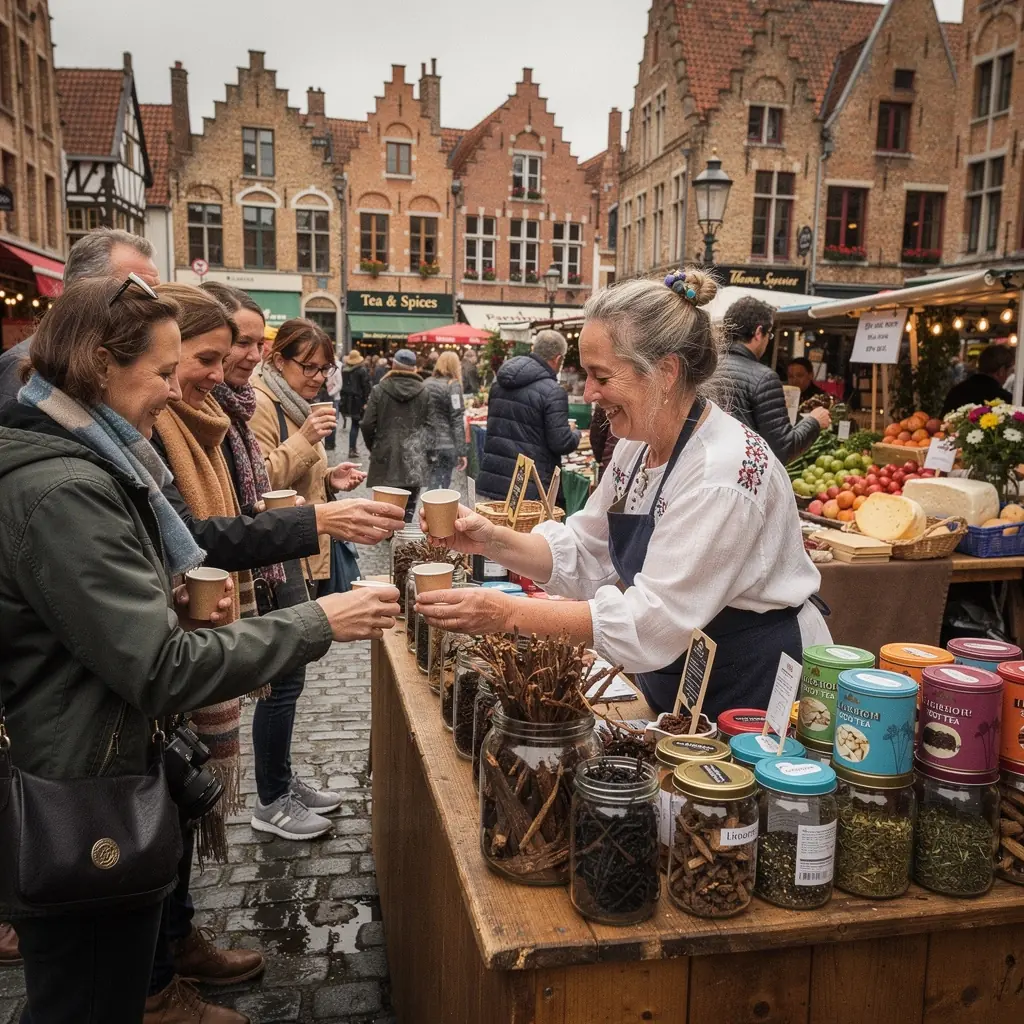 Tasse de thé à la réglisse sur une table en bois, avec des biscuits en arrière-plan.