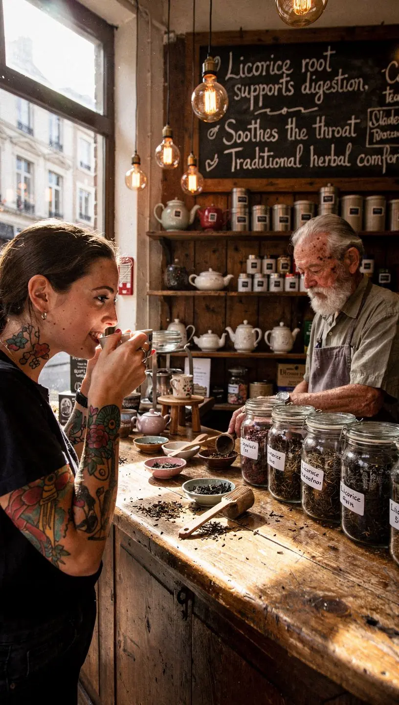 Serviette en lin avec une tasse de thé à la réglisse et des bâtons de réglisse, évoquant une ambiance chaleureuse.